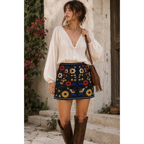 Velzera Dresses & Skirts - Velzera Embroidered Floral Mini Skirt Folk Art Cottagecore Boho 28 Waist